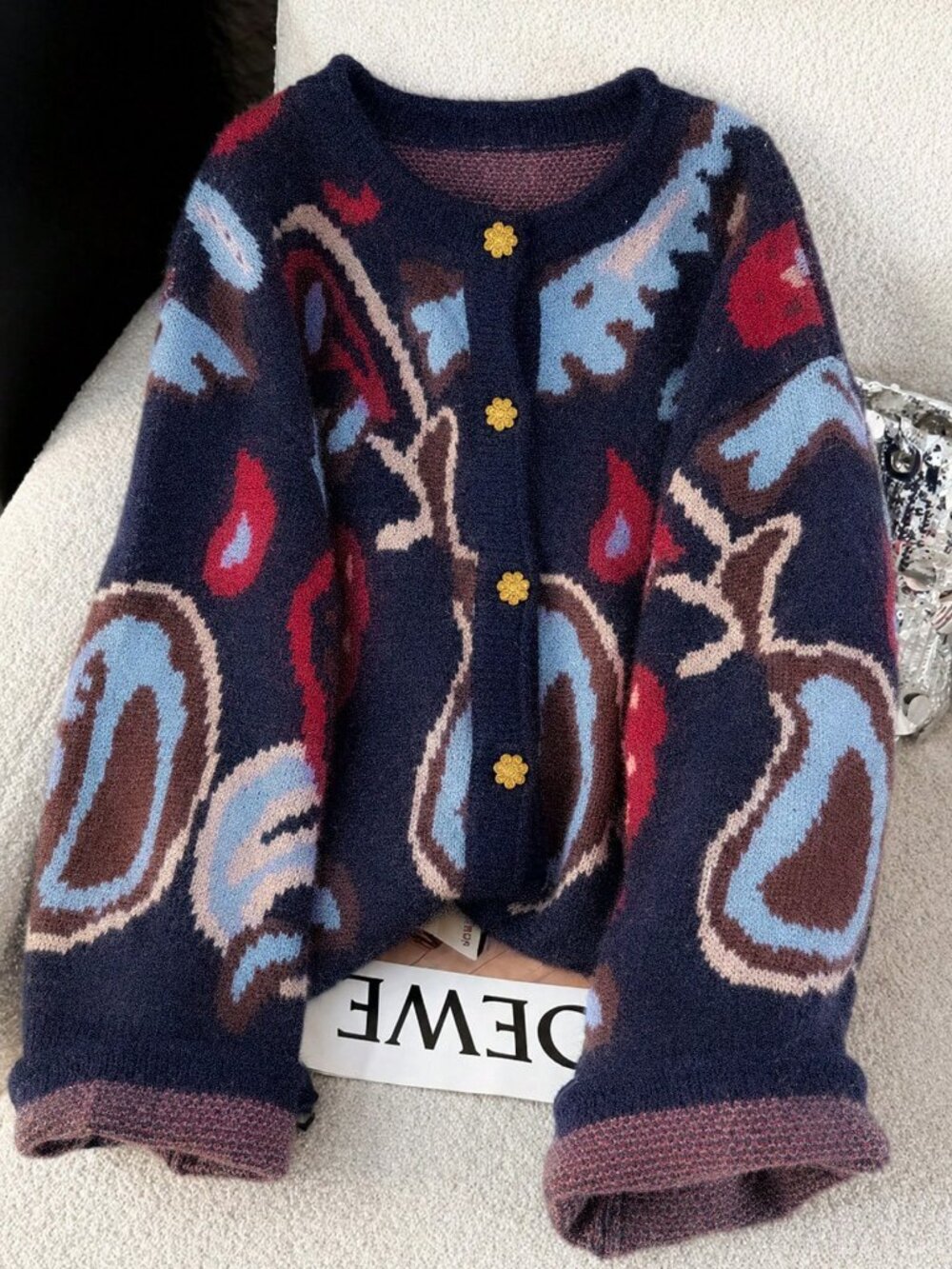 Blue Casual Women's all over print Plus-Size Knit Cardigan